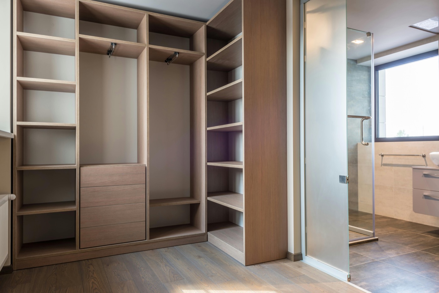 Wood-tone custom wardrobe system